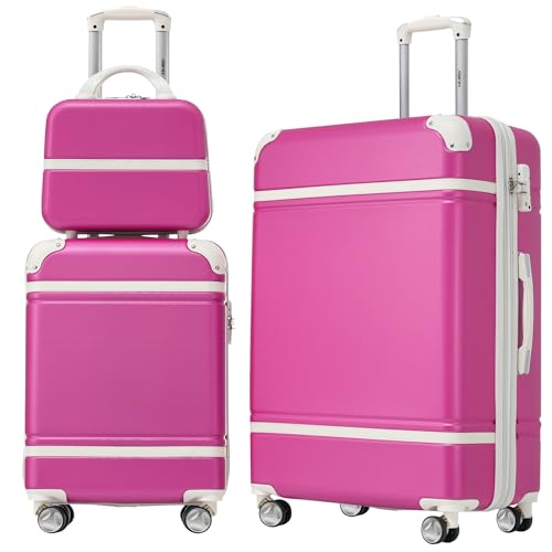 Set, 2 Piece Luggage With Cosmetic Case, Vintage Hardcase Suitcase With Wheels, Expandable Luggage Airline Approved(pink,20"+24")