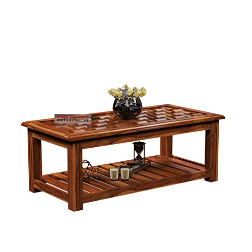 Image of Sheesham Wooden Centre Table with Storage Shelf for Living Room with Glass Top - Solid Wooden Coffee Table - Teapoy Tea Table Sofa Table & Center Table with Storage (Stern Honey)