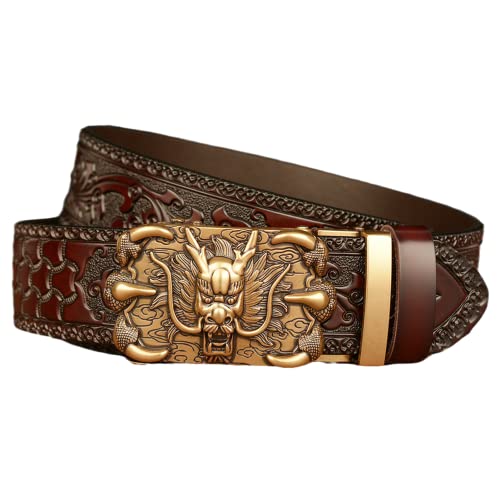 Men's Leather Ratchet Dress Belt - Dragon Gold Buckle Western Floral Print Brown Strap4