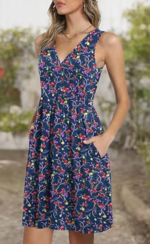 Image of CATHY 2026 Womens Dress Sexy Sleeveless Summer Dresses V Neck Casual Wrap Sundress with Pockets Navy Flowers Large