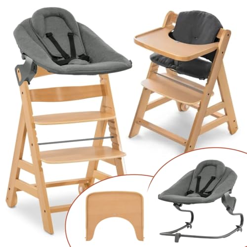 hauck Alpha Move Newborn Set mit Premium Bouncer Dark Grey - Baby Holz Hochstuhl ab Geburt mit Liegefunktion - extra flacher Aufsatz für Neugeborene, inkl. Essbrett & Baumwoll Sitzpolster