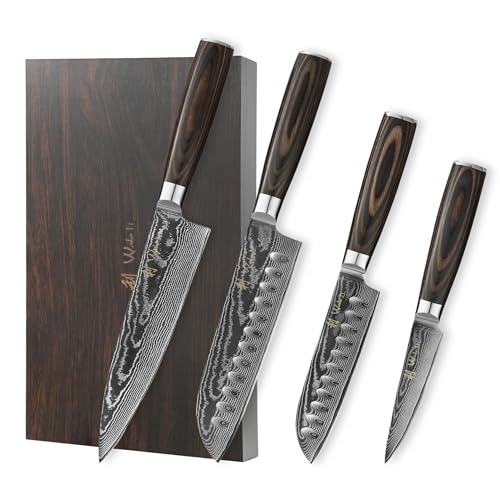 Wakoli EDIB Essentials Scharfes Damast Küchenmesser Messerset - Chefmesser, Santoku & Gemüsemesser - Kochmesser aus 67 Lagen Damaststahl VG10 Kern 60±1 HRC - Pakkaholzgriff - Küchen Messer in Holzbox