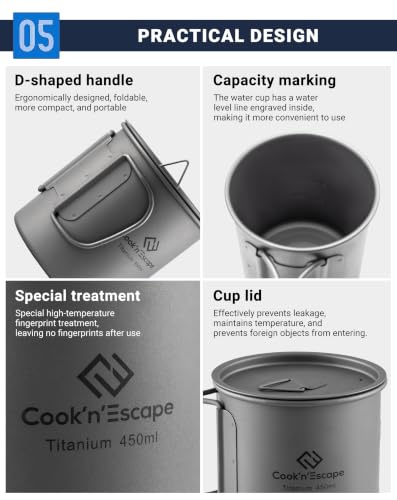 Image of COOK'N'ESCAPE Titanium Camping Pot, Camping Cookware Set, 2 in 1 Pots and Pans Set with Folding Handle, Ultralight Camping Frying Pan Open Over Fire Food Cooking for Outdoor Backpacking Hiking Picnic