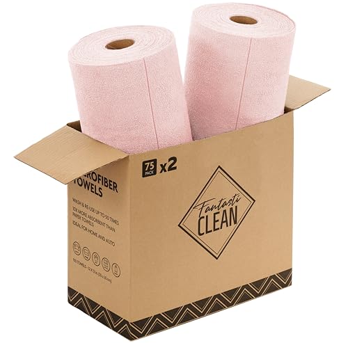 Fantasticlean Microfiber Cleaning Cloth Roll -150 Pack, Tear Away Microfiber Towels, 12" x 12", Reusable, Washable, Ultra Absorbent Dishcloth for Home Supplies, Car, Pet, Kitchen (2 Rolls of Pink)