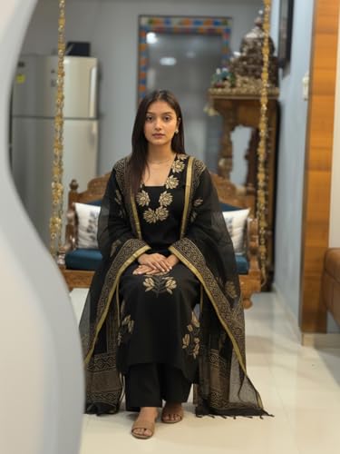 Image of ANNI Designer Women's Rayon Viscose Straight fit Printed Embroidered Kurta with Pant & Dupatta | Ethnic Kurta Set for Women | Daily, Office & Festive Traditional