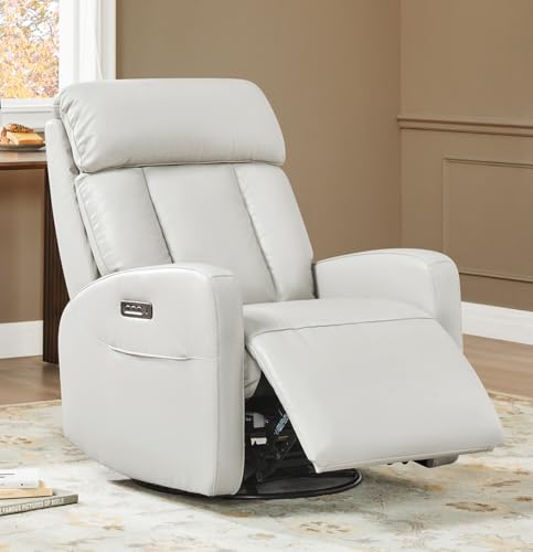 CHITA Leather Power Swivel Recliner Chair for Adults, Triple Motor Electric Rocker Recliner for Living Room with Adjustable Headrest and Lumbar Support, USB & Type-C Charging Ports, Creamy Grey