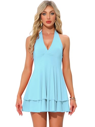 Image of Allegra K Halter Dress for Women's Party Skater Ruffle Backless Slim Fit Short Mini Dresses