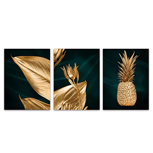 YABINGA Póster Abstracto Moderno con diseño de Hoja de piña Dorada, Lienzo Impreso, Arte de Pared, Pintura para decoración de Sala de Estar (50 × 70 cm/19,6 × 27,5 Pulgadas) × 3 Piezas sin Marco Cover