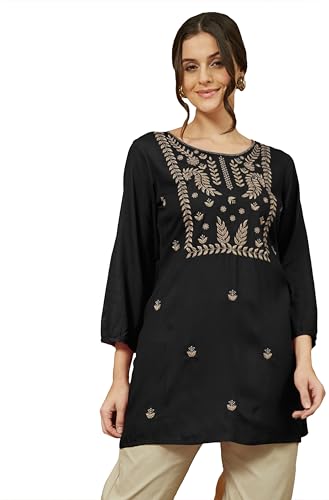 Image of Janasya Women's Rayon Embroidered Straight Short Kurti