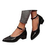 Zapatos Casuales Mary Jane con tacón Grueso y Punta Afilada Estilo francés sin Cordones con Hebilla y Tira en T para Uso Diario y Ocasiones (Black, 38) #163