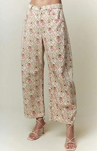 loveimgs Women Vintage Floral Barrel Jeans Flower Print Wide Leg Denim Pants Patchwork Patterned Baggy Jeans Sweatpants Y2k2