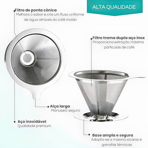 Coador de Café 103 Inox Linha Premium - Peneira em Aço Reutilizável Lavável Portátil e Resistente Se