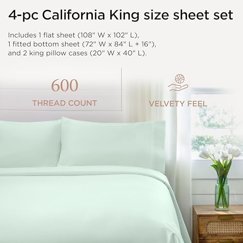 Image of Threadmill California King Sheet Sets | 600 Thread Count Cal King Bed Sheets Set with 16 inch Deep Pocket | Sateen Weave 4-Piece Bedding Set with Cooling Effect | Seaglass