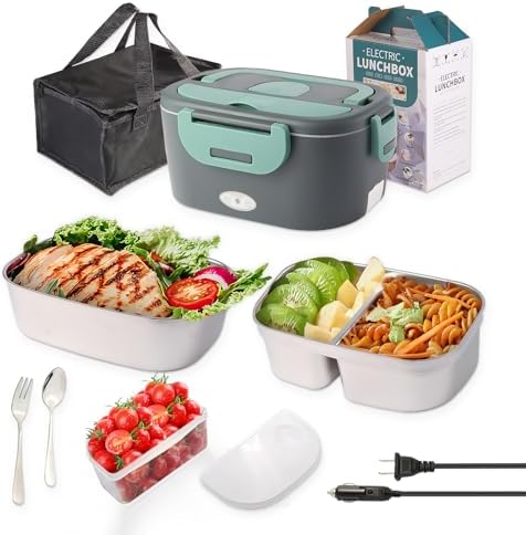 Electric Lunch Box for Adults, Heated Portable Food Warmer Lunchbox for Car Truck Office, Leakproof Fast Self-Heating Box with 2x1.5L Large Capacity Stainless Steel Removable Containers