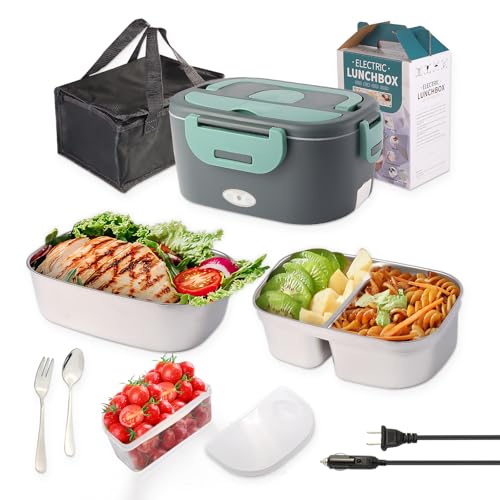 MIYGNDSZ Electric Lunch Box for Adults, Heated Portable Food Warmer Lunchbox for Car Truck Office, Leakproof Fast Self-Heating Box with 2x1.5L Large Capacity Stainless Steel Removable Containers