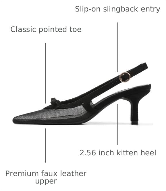 Image of Mattiventon Black Kitten Heels with Bow Closed Toe Slingback Heels