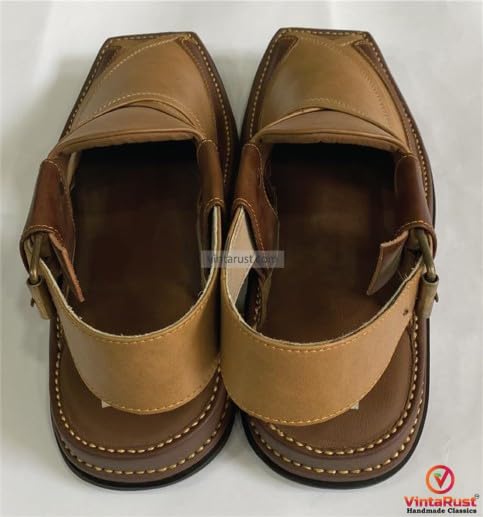 Handcrafted Two-Tone Peshawari Chappal, Classic Beige and Brown Leather Peshawari Chappal For Men, Traditional Leather Sandals4