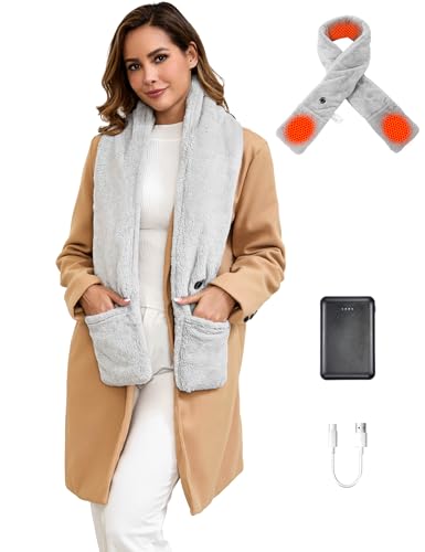 Pluxmooc Graphene Heated Scarf with 2 Pockets for Women Men, Neck Heating Pad with 10000mAh Rechargeable Battery, Electric Heat Neck Wrap for Neck Pain Cold Muscle Stiffness