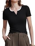 Aottori Maglia Donna Manica Corta Scollo a V a Coste Maglietta Estiva T-Shirt Elegante Moda Leggero Basic Top Lunga Slim Fit Sexy Casual Nero S