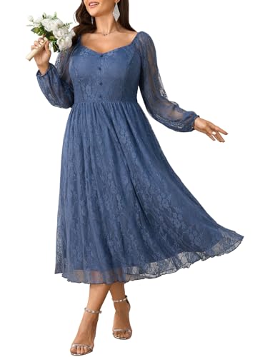 SCOMCHIC Womens Plus Size Wedding Guest Dress Long Sleeve Formal Lace Cocktail Party Maxi Dresses