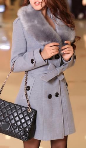 ELFTOWN Women's Double Breasted Midi Long Pea Coat Detachable Faux Fur Collar Long Sleeve Winter Trench Coats with Belt2