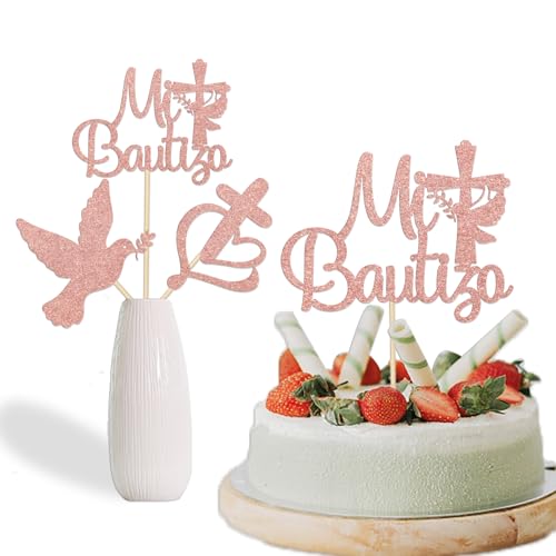 12Pcs Mi Bautizo Centerpiece Sticks, My Baptism Baby Shower Decor, Baptism Table Decoration, Cross Dove Theme Birthday Party Decor, Christening Decor for Boys/Girls Supplies Rose Gold Glitter
