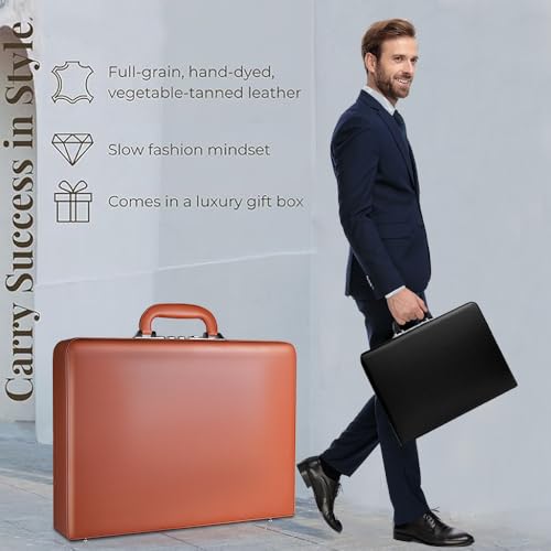 Image of Hard Case Leather Attache for Professionals,Business Briefcase with Lock for Men
