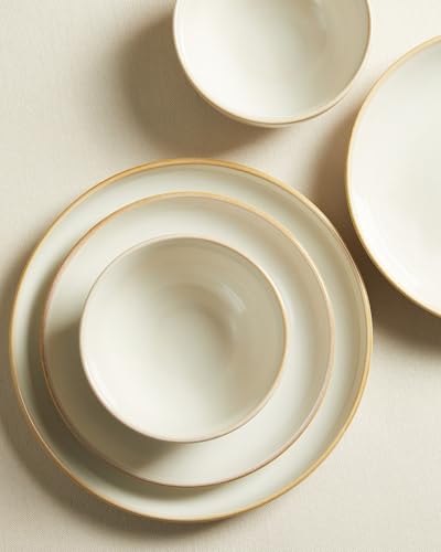 Image of Pokini Stoneware Dinnerware Sets for 6, 18 Piece Microwave Safe Plate and Bowl Set, Easy to Clean & Durable Dishes Sets for Small to Medium Families, Yellow White