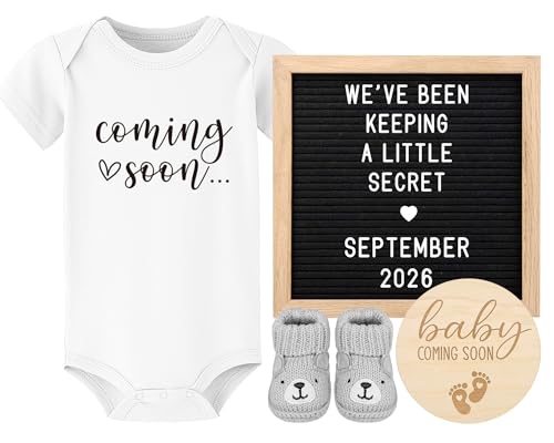 Pregnancy Announcement, Coming Soon Baby Announcement For Grandparents Dad Husband Family, Pregnancy Reveal Ideas, Gender Reveal Baby Shower Gifts -Felt Letter Board, Onesie, Booties, Wooden Sign