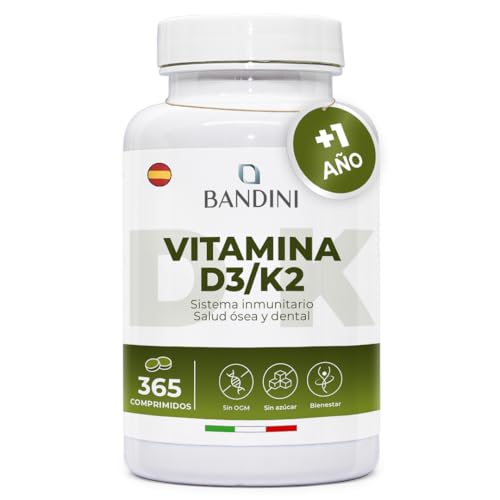 Bandini® Vitamina D3 y K2 365 Comprimidos 12 Meses de Suministro - Contribuye a la Función Normal del Sistema Inmune, Huesos y Músculos - Vitamina D + 200µg de Vitamin K 99,7% All-trans - Alta Dosis