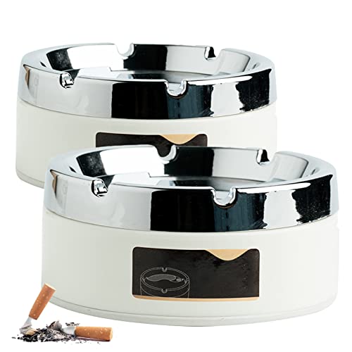 Syfunlv 2 Pièces Cendrier avec Couvercle Rotatif, Cendrier en Acier Inoxydable, Cendrier Métallique Élégant, Petit Cendrier Moderne de Ménage, Jardin, Extérieur, Intérieur, 8.2 * 5cm (White)