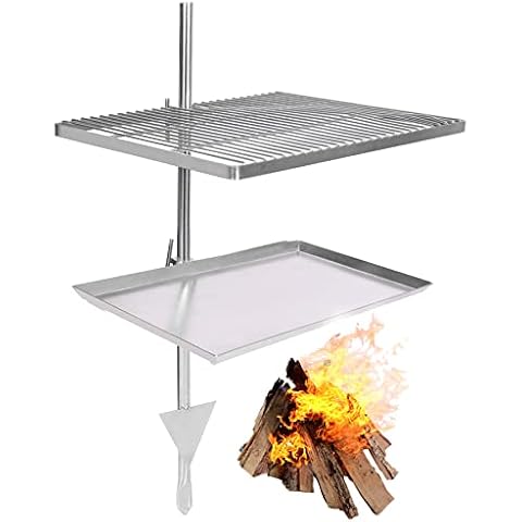 Lineslife Swivel Campfire Grill with Grill Pan, Adjustable Heavy Duty Steel Open Fire Cooking Grill Grate with Carrying Bag for Outdoor Camping BBQ, Sliver, Rectangle Cover