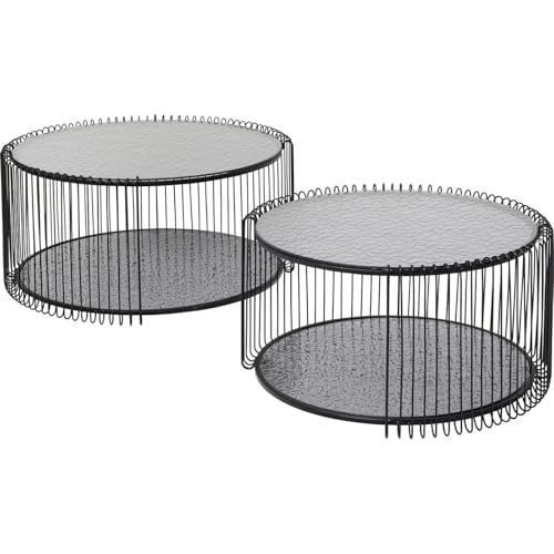 Kare Design Couchtisch Wire Double Bubble 2er Set, Schwarz, 63cm Durchmesser, Sicherheitsglas, Wohnzimmertisch, Stahlgestell, Tischplatte aus Glas, Wohnzimmer, Rund, 34x70x70 cm (H/B/T)