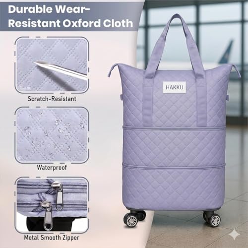 Image of HAKKU 2 Layer Nylon Duffle Trolley Bag for Traveling /Extendable Luggage with 4 Wheels /Waterproof Travel Bag /Convertible Luggages for Men and Women /Travelling Bags (Texture with Wheel, Purple)