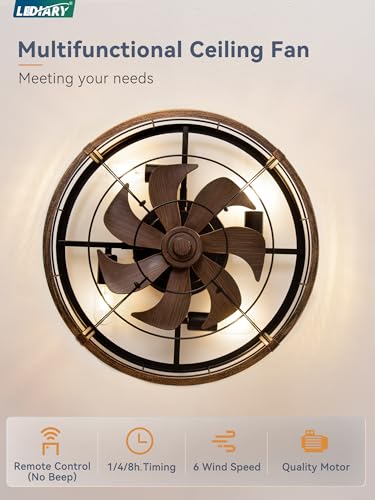 Image of LEDIARY 23 inch Caged Ceiling Fan with Light and Remote, Low Profile Flush Mount Fandelier, Black Gold Bladeless Enclosed Small Fan Lights Ceiling Fixtures, Rustic Farmhouse Style for Bedroom, Outdoor