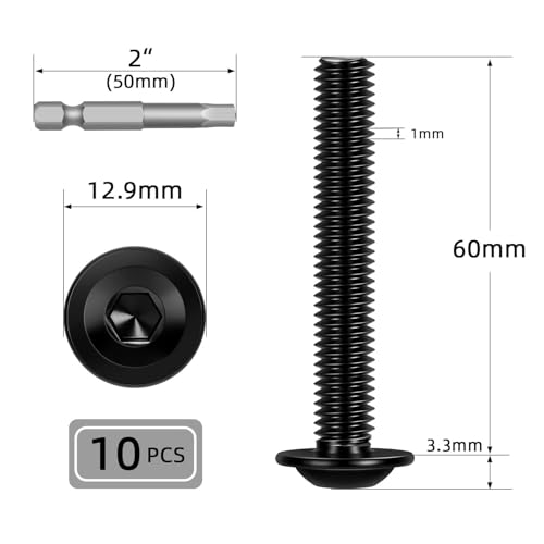 Image of M6-1.0 x 60mm 10 PCS Flanged Button Head Socket Cap Bolts Screws, Stainless Steel 304, Allen Socket Drive, Screwdriver Bit Included, Black Finish, Fully Machine Thread