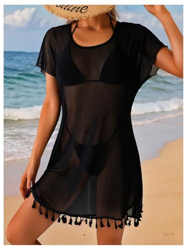 SHENHE Women's Swimsuit Coverups Sheer Mesh Short Sleeve Beach Tassel Dress Cover Up4