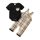 puseky Baby Boys Clothes Short Sleeve Romper Plaid Onesie Overalls Pants Western Outfit Suspenders T