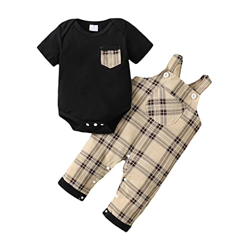 Puseky Baby Boys Clothes Short Sleeve Romper Plaid Onesie Overalls Pants Western Outfit Suspenders Trousers Church Dress Set 6-12 Months #TOP16
