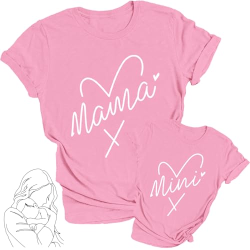 Qskall Mommy and Me Shirts Mother Kids Matching T-Shirt Mama Mini Heart Tee Tops Pink