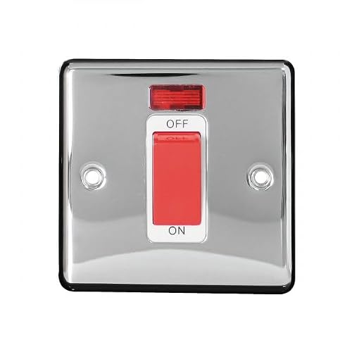 Image of Polished Chrome 45A Double Pole Cooker Switch with Neon Indicator | 1 Gang Power Control Switch | Heavy Duty Appliance Isolator | Screwed Faceplate Wall Fitting for Kitchen & Utility (1)