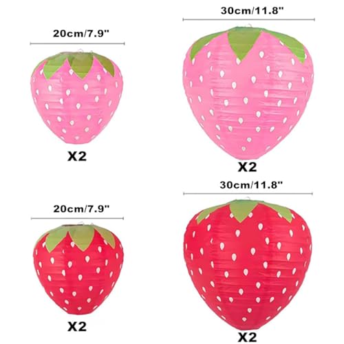 Folding Strawberry Paper Lantern Reusable Hanging Ornament Lamp Cover for Fruit Theme Birthday Party Decoration Supplies (8 and 12 inches;8pcs)