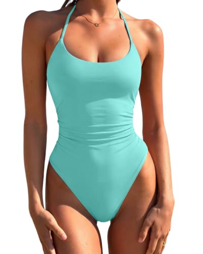 Image of LASLULU Womens One Piece Swimsuits Halter Bathing Suit | Ruched Tummy Control,Cute and Sexy Swimwear,High Cut Cheeky Backless Full Coverage,Swim Suits for Women 2026