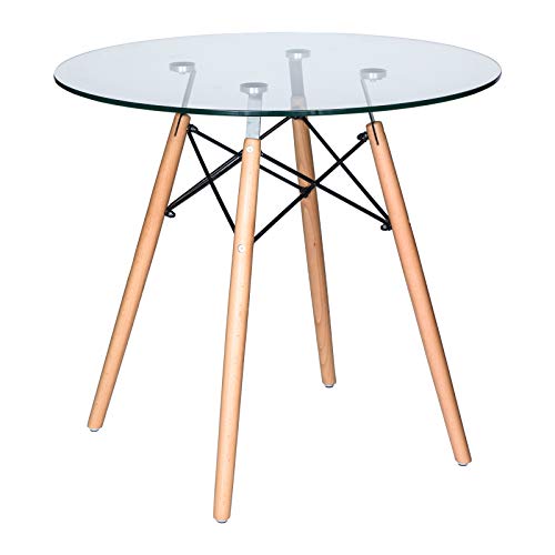 LeisureMod Dover Mid-Century Modern Round Dining Table with Wooden Top,