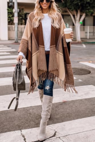 Image of Bestshe Women's Boho Open Front Poncho Plaid Shawl Wrap Cape