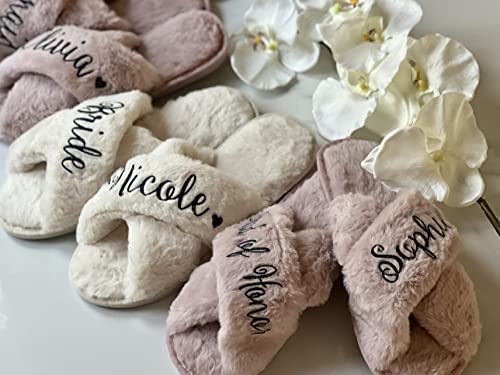 Personalized Holiday Bridal Slipper Bridesmaid Customized Gifts for her Bridal Shower Wedding Bridesmaid Fluffy Bachelorette Personalized Fluffy Slide On Girls Night Sleepover Mothers day present2