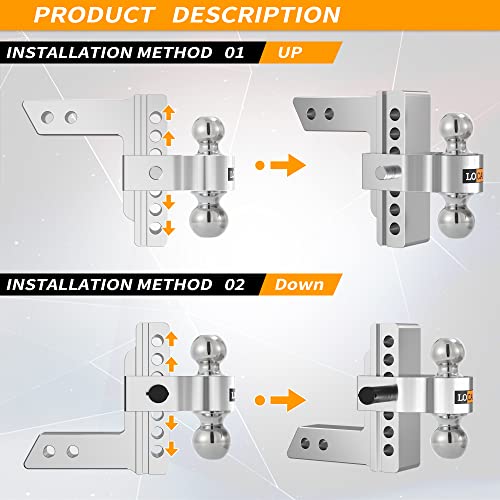 Locame Adjustable Trailer Hitch, Fits 2-Inch Receiver, 6-Inch Drop/Rise Aluminum Drop Hitch,12,500 Lbs Gtw-Tow Hitch For Heavy Duty Truck With Double Stainless Steel Locks, Silver, Lc0013 #TOP6