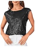 SweatyRocks Women's Round Neck Glitter Sequins Shirts Top Casual Cap Sleeve Party Tee Tops Black M