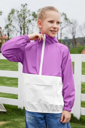 Image of MODAFANS Girls Boys Rain Jacket Lightweight Waterproof Packable Hooded Half zip RainCoats Windbreaker for Outdoor 4-13Year