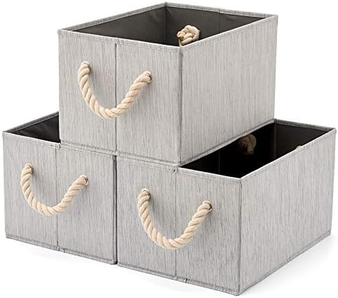 EZOWARE Set of 3 Large Nursery Fabric Storage Baskets Bins Organizer with Cotton Rope Handle for Kids Baby Nursery Room, Towels, Closet, Toys - Gray 37 x 25.5 x 21 cm
